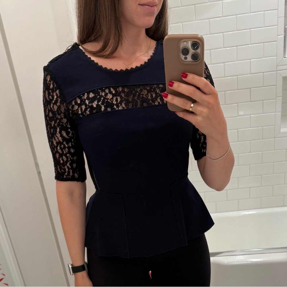 Rebecca Minkoff Navy & Black Peplum Lace Women's Top